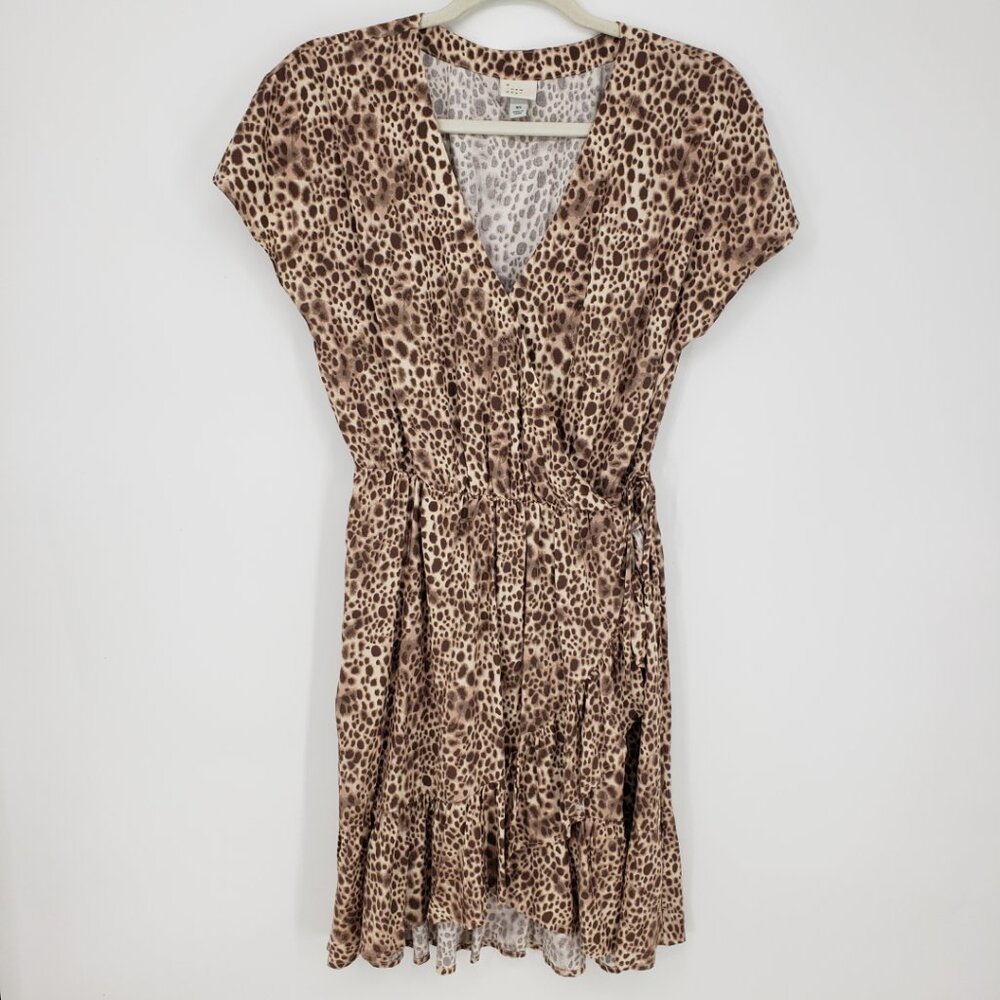 A New Day Leopard Print‎ Faux Wrap Dress XS Ruffle High Low Hem Brown